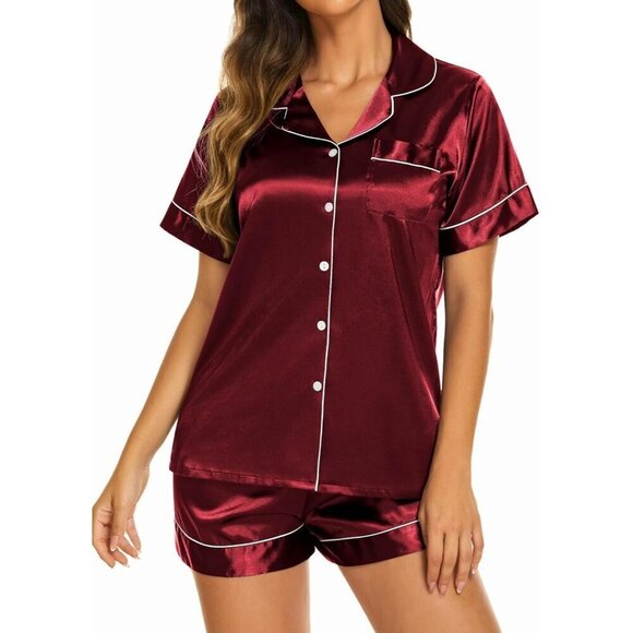 Women Red Satin Silk Pajama Set Short Sleeve Button Down Top and Short Sleepwear - Picture 2 of 5
